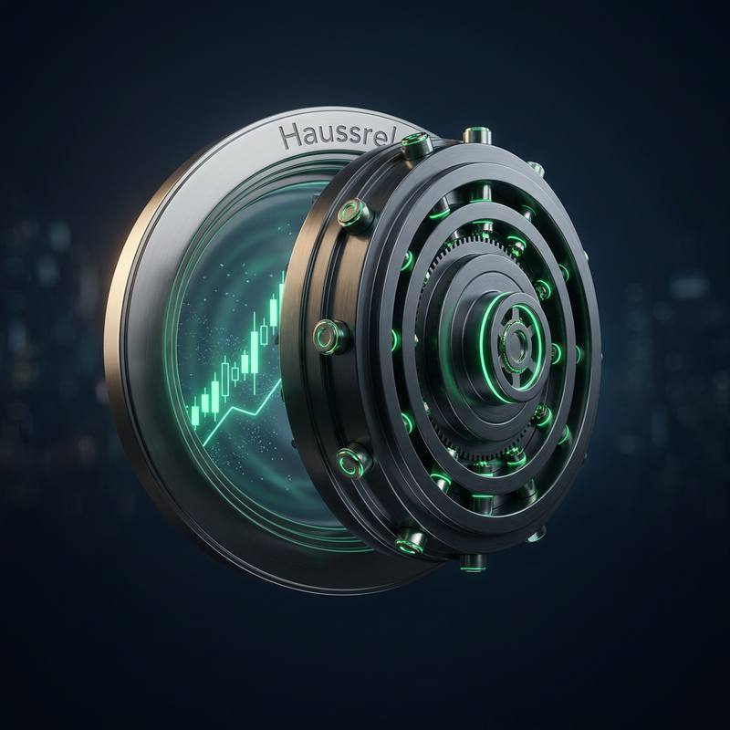A sealed digital vault carrying the Haussrel name, ringed with metal bands, a neon-green rising chart visible inside