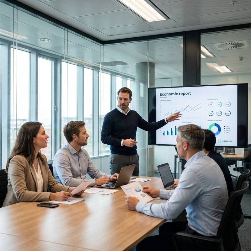 A Haussrel team meeting in a modern boardroom: one colleague presents an economic report on screen to the others