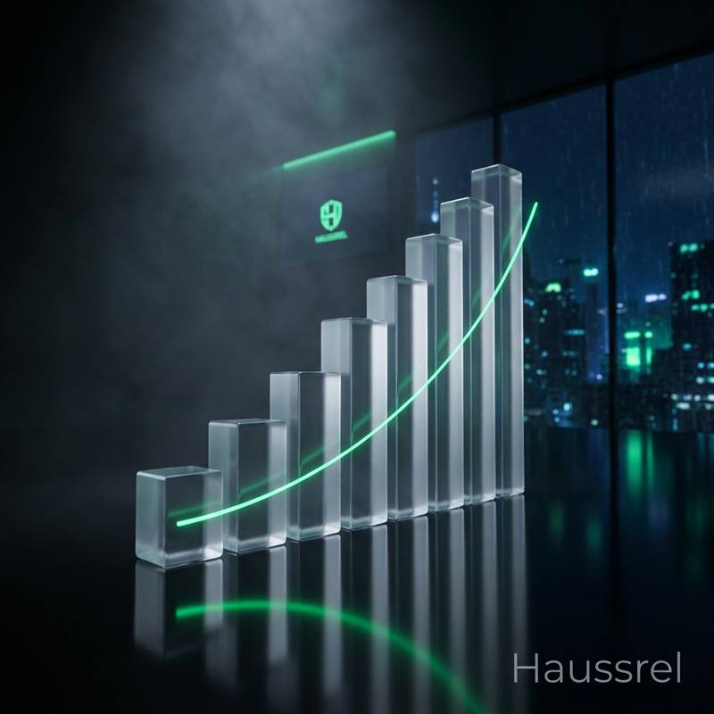 Frosted glass bar chart topped by a rising neon-green curve, in front of a window overlooking a city at night