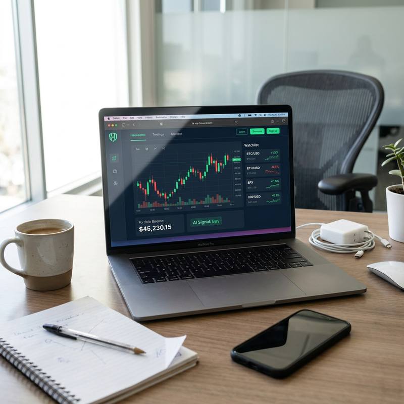 The Haussrel dashboard open on a laptop, showing a candlestick chart, portfolio balance and a crypto watchlist