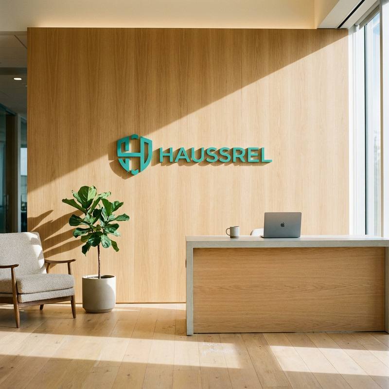 The Haussrel headquarters reception: a light wood wall carrying the Haussrel sign, a plant, an armchair and a reception desk in natural light